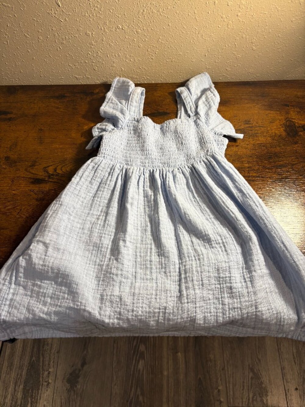 Girls Light Blue Smocked Gauze Ruffle Strap Sundress